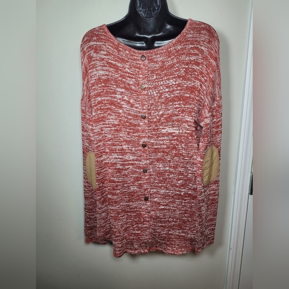 Donated! EST. 1946 Womens Heather Red Button Back Leather Elbow Patches sz L - Picture 3 of 10